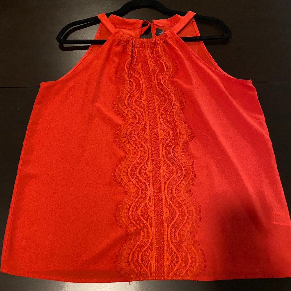 Halogen Chiffon orange-red halter lace tank, size M
